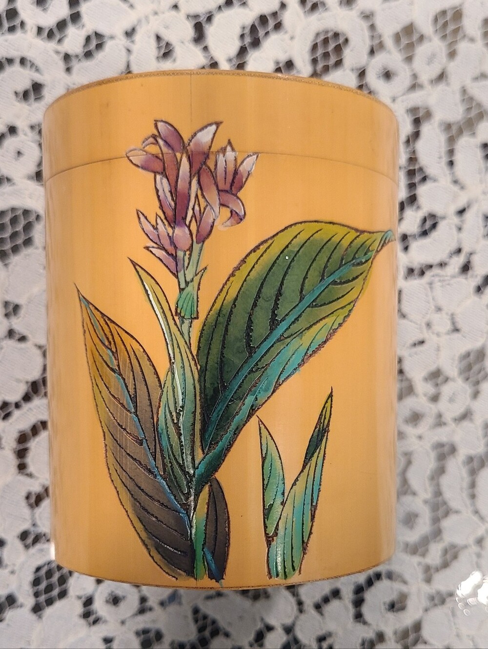 ✨Vtg Signed HNA Chinese Bamboo Tea Caddy • Hand-Painted Botanical Flower